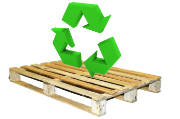 wooden pallet with green recycling arrows above it