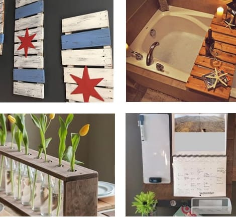 collage of different projects for mothers day using wooden pallets