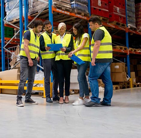 group of warehouse workers having meeting