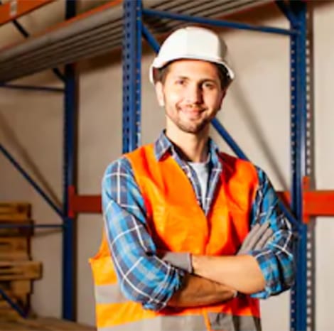 gentleman smiling in pallet warehouse