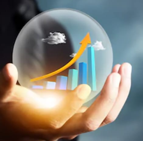 gentleman holding. bubble with increasing arrows