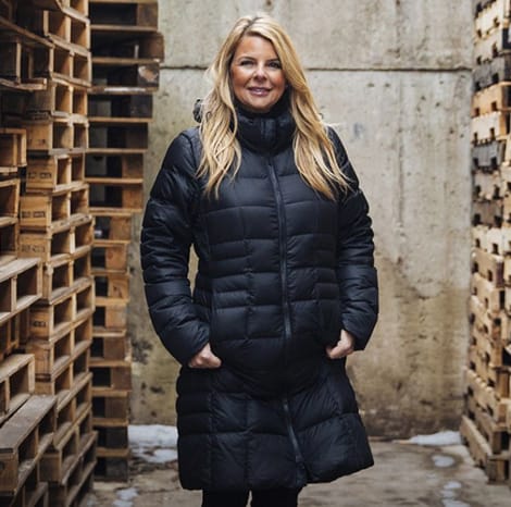 Mia Allen smiling for portrait in the middle of pallets