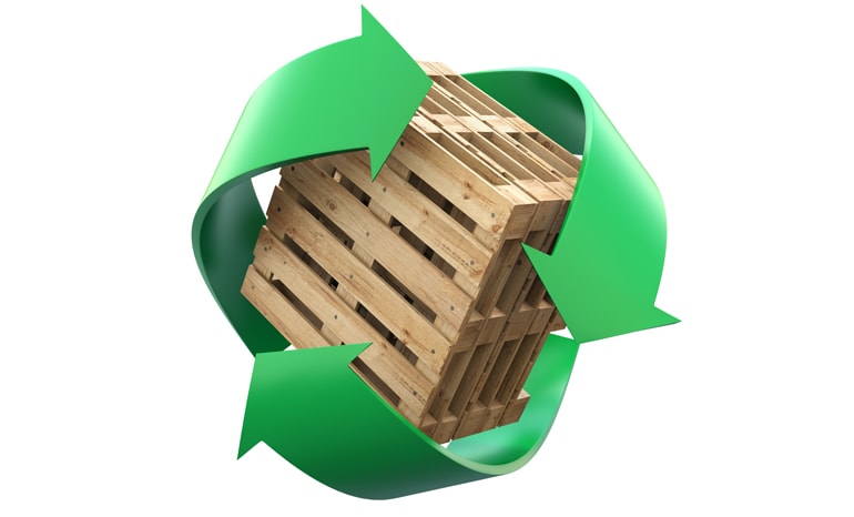 wooden pallets with recycling symbol