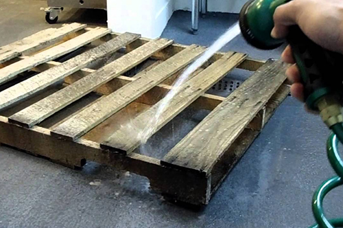 spraying a wooden pallet with a hose for mold