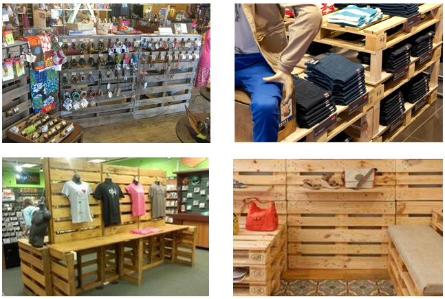 collage of multiple retail displays using wooden pallets