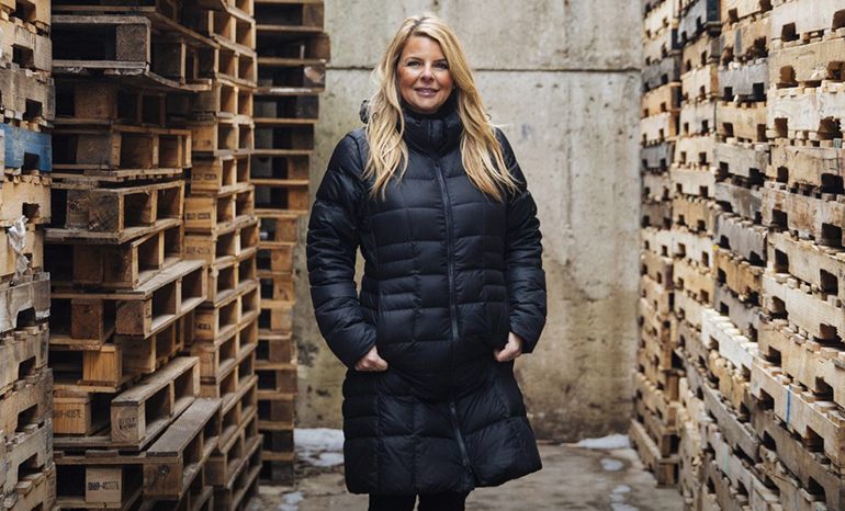 Mia Allen smiling for portrait in the middle of pallets